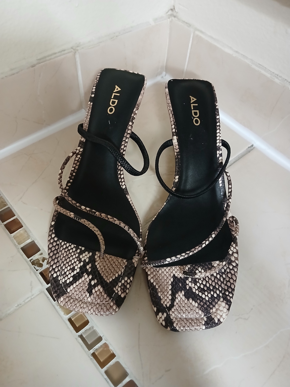 ALDO Women's Snake-Print Strappy Sandals in Beige/Black